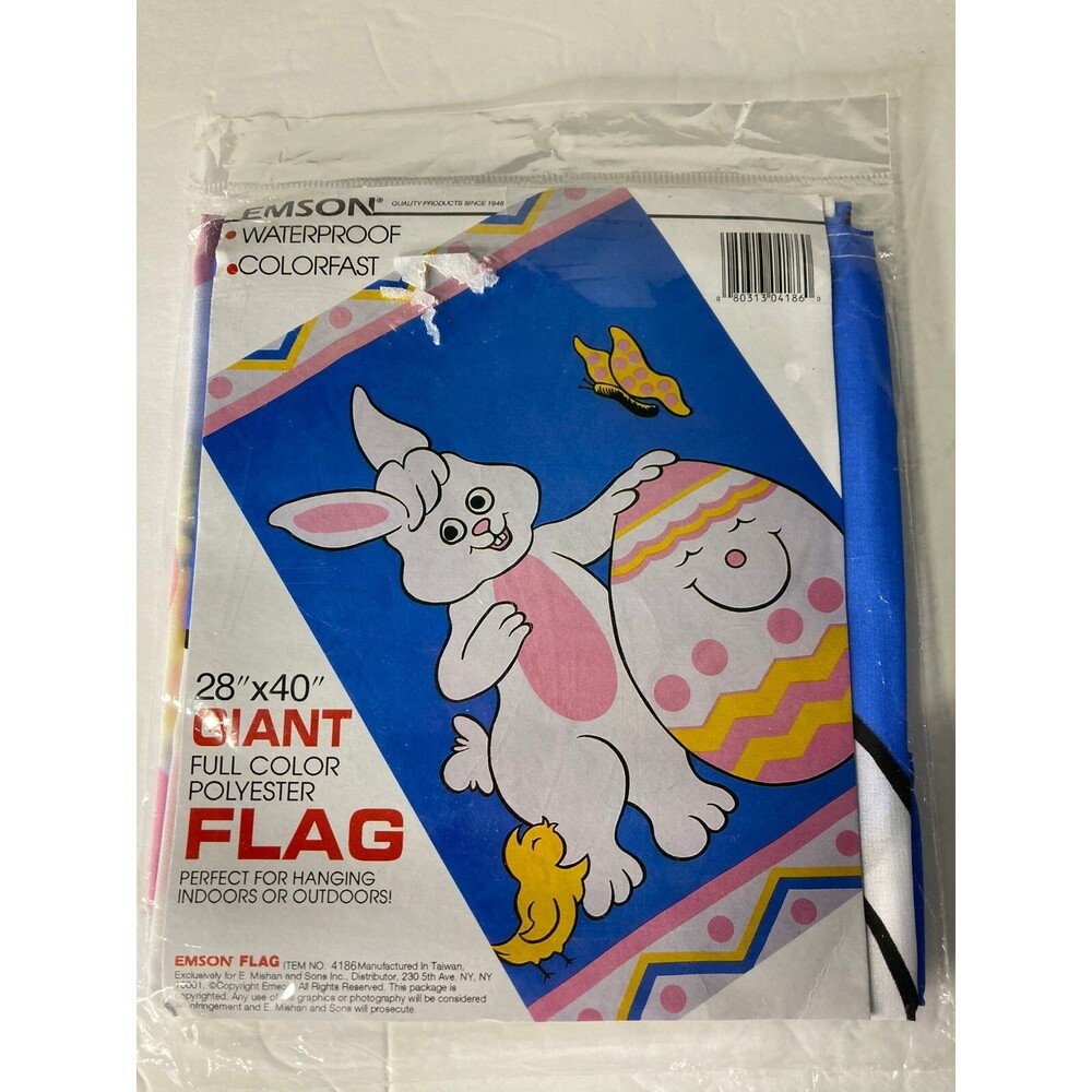 EMSON 28" X 40" GIANT POLYESTER FLAG EASTER BUNNY VINTAGE 1990'S NEW IN PACKAGE